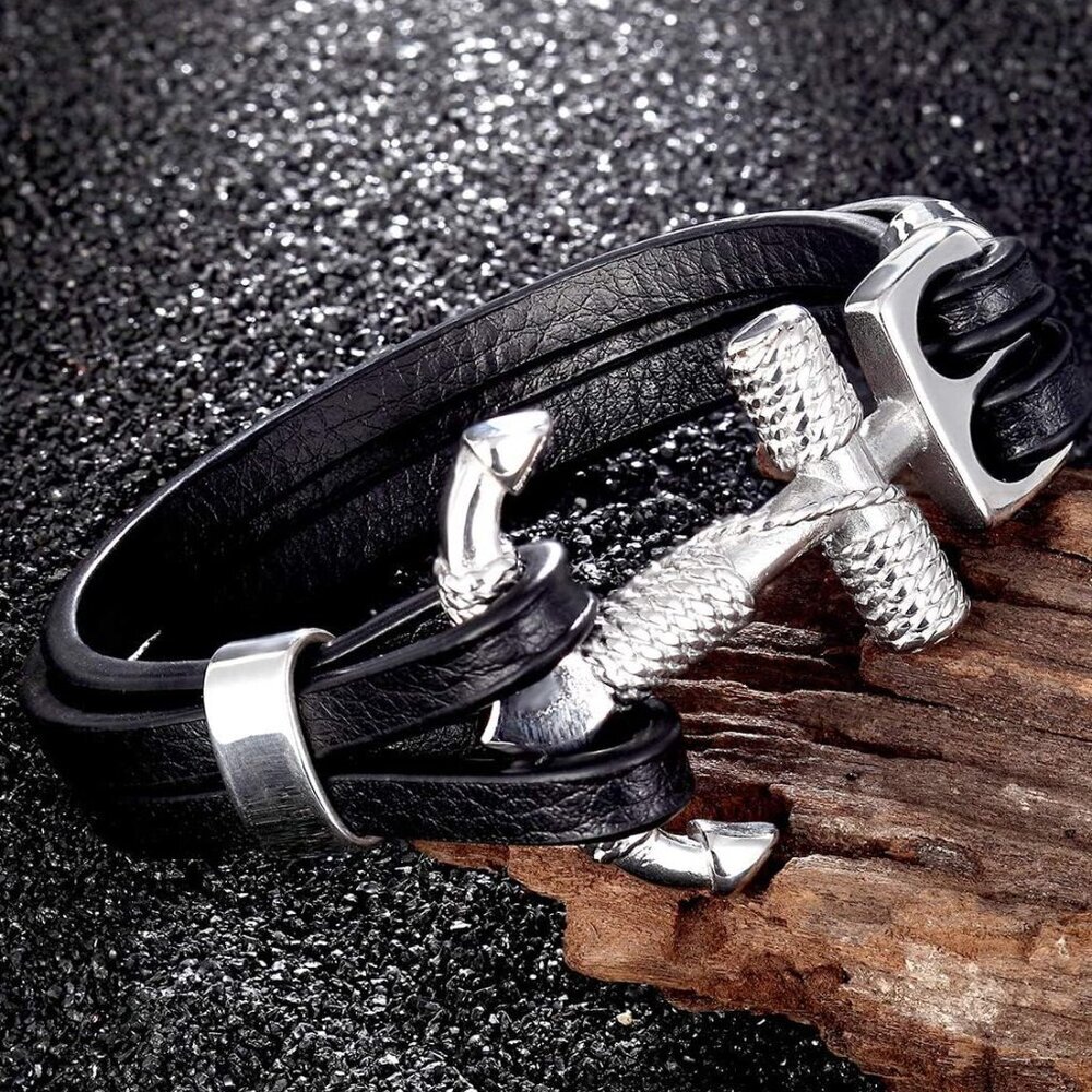 Rope Anchor Black Leather Bracelet for Men AD - Picture 3 of 6